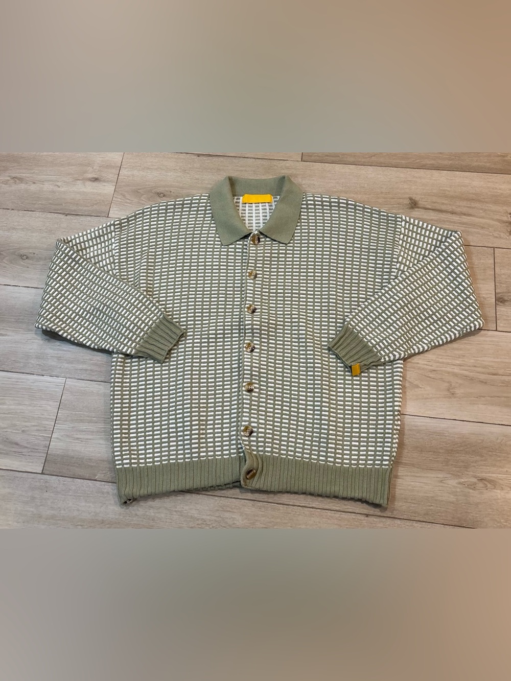 YELLOW LABEL CO CHECKERED CARDIGAN SWEATER Waffle Cotton Medium M Green White